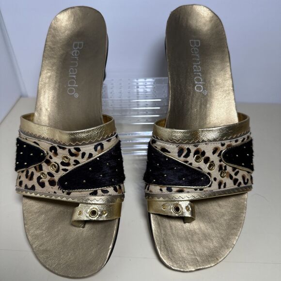 Bernardo Slip On Sandal Heels Gold Calf Hair Animal Print Size 9 Made in Brazil - Picture 2 of 12